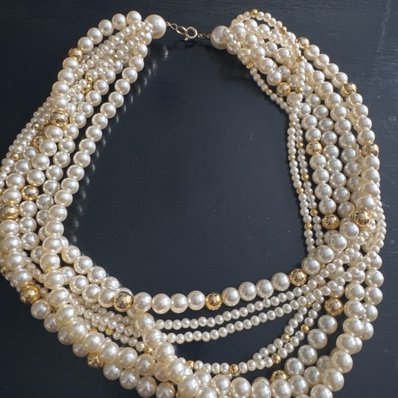 Multi-Strand Faux Pearl & Gold Bead Statement Necklace – 19” - Picture 1 of 3